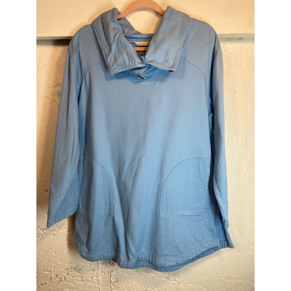 SOFT SURROUNDINGS WOMENS SIZE SMALL BLUE PULLOVER FLEECE BUTTON COLLAR -1224-